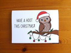 a christmas card with an owl wearing a santa hat sitting on a tree branch that says have a hot this christmas