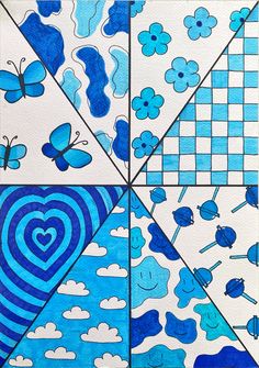 blue and white art work with hearts, butterflies, and checkered squares on paper