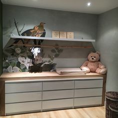 a teddy bear sitting on top of a dresser next to a stuffed bird and book shelf