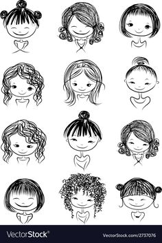 hand drawn girls faces with different hair styles