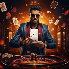 a man in a suit and sunglasses is playing cards at a rouley table