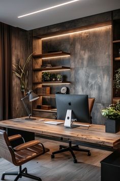 Modern home office with wooden desk, elegant chair, large computer monitor, and built-in shelves with decorative items. Home Office Nook Ideas, Moody Office Space, Office Nook Ideas, Cozy Home Office Ideas, Home Office Nook, Home Office Artwork, Classy Man Cave, Functional Home Office, Home Office Decor Ideas