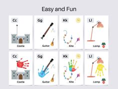 four different types of cards with the words easy and fun written in each letter,