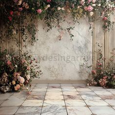 an image of a room with flowers on the wall and tile flooring in front of it