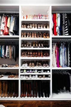 the closet is full of shoes and other things to wear for women's wardrobes