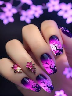 Casket Nails, Cherry Blossom Nails Art, Purple Nail Art Designs, Rave Nails, Nail Magic, Purple Glitter Nails, Cherry Blossom Nails, Neon Green Nails, Purple Nail Art