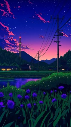 the night sky is lit up with purple flowers and power lines in the foreground