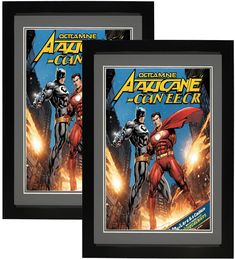 two framed comics featuring superman and the flash in front of an image of another man