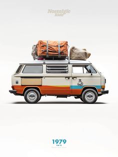 an old van with luggage on top is parked in front of a white background and has the words nostalgic road written below it