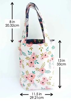 an image of a flowered bag with measurements for the top and bottom half of it