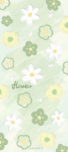 an image of flowers with the word flower written in green and yellow on it's side