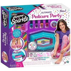 CRA-Z-ART SHIMMER N SPARKLE: ULTIMATE PEDICURE PARTY - Shimmer N Sparkle Ultimate Pedicure Party is the all-in-one kit kids will love using for sleep overs or weekend fun. It is packed with everything needed for a salon style pedicure. Start with a foot soak and scrub. Next, put on the included spa slippers and toe separators use the and get stylish! Use any of the 4 included nail polish colors included; aqua, orange, purple and pink. Finish off your look with some fun tattoos  3 sheets are included. Choose from a cupcake, heart, lightening bolt, watermelon and so many more tattoos! Shimmer N Sparkle Ultimate Pedicure Party is great for ages 8 and up. Color: Multicolor. Pedicure Party, Cupcake Heart, Animal Squishies, Fun Tattoos, Kids Play Toys, Spa Slippers, Rainbow Nail, Sparkle Party, Foot Soak