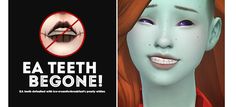 a woman with red hair and blue eyes has an ad for teeth gone on her face