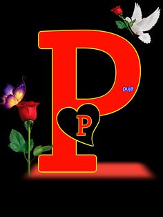 the letter p is made up of letters and two birds flying over it, with one flower in the foreground