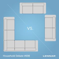 two white couches facing each other with the word household debate on top of them