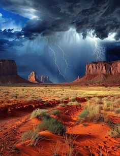 lightning strikes over the desert with red rocks and grass