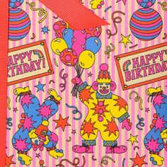 a birthday card with clowns and balloons on pink striped paper, which says happy birthday