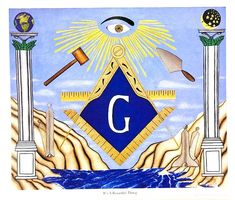 an image of the letter g surrounded by masonic symbols and other things in blue water