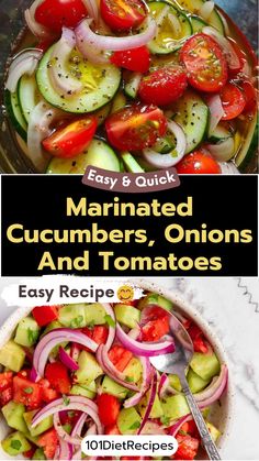 an image of sliced cucumbers, onions and tomatoes in a bowl with text overlay