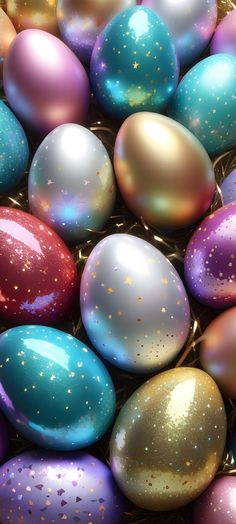 an image of colorful easter eggs with gold flecks