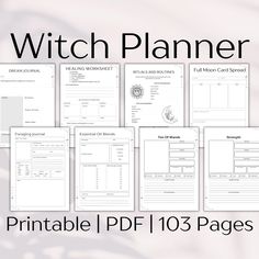 the witch planner printable is shown in black and white with text that reads,