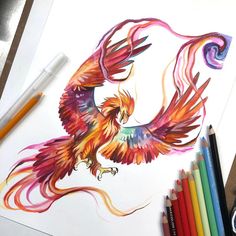 a drawing of a colorful bird on paper with colored crayons next to it