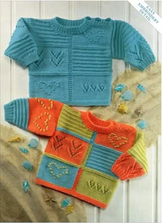 two knitted sweaters with different colors and designs on the front, one in blue and orange