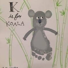 a child's drawing of a koala bear in the grass with letters k is for koala