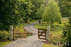 an open gate leading to a road in the woods