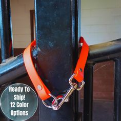 an orange collar is attached to a black gate