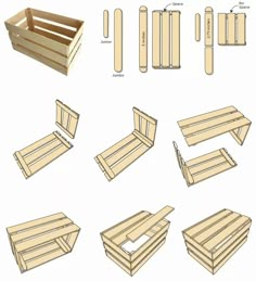 several different types of wooden pallets, including one with the top and bottom section cut out