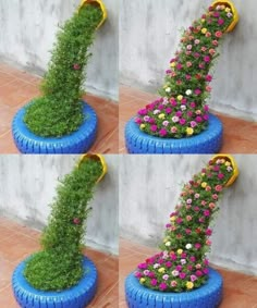 four pictures of a tire with flowers growing out of it