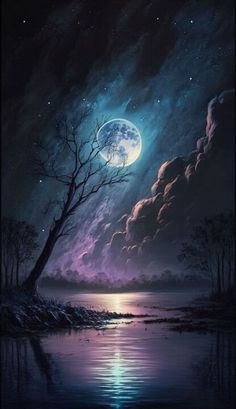 a painting of a full moon in the night sky over a body of water with trees