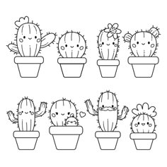 six cactuses in pots with faces drawn on them