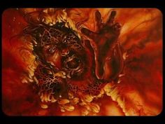 an artistic painting of two faces surrounded by flames