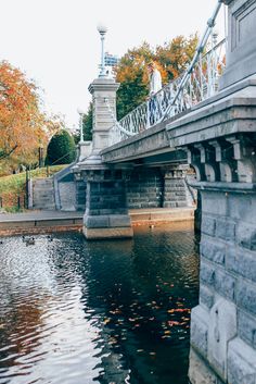 a bridge over a body of water with trees in the background and leaves on the ground