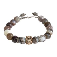 Bracelet 14kt Rose Gold and grey sterling silver with Botswana Agate round smooth bead multi color,Morganite and Rhodolite. Botswana Agate, Agate Beads, Mixed Metals, Botswana, Morganite, Stone Bracelet, Band Rings, Initials, Agate