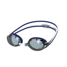 a pair of swimming goggles with blue straps and mirrored lenses on the side, against a white background