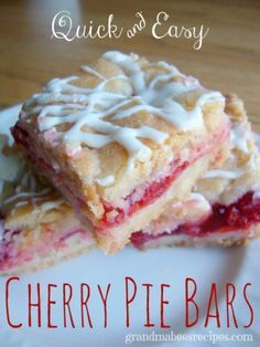 two pieces of cherry pie bars on a white plate with the words quick and easy