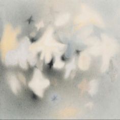 an abstract painting with white and yellow colors on the bottom half of it, in grey tones