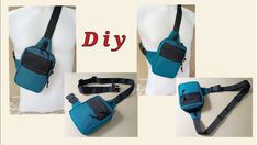 three pictures of a blue fanny bag with black straps and the words diy on it