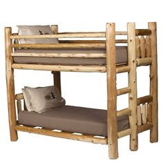 a wooden bunk bed with two pillows on the bottom and one pillow on the bottom