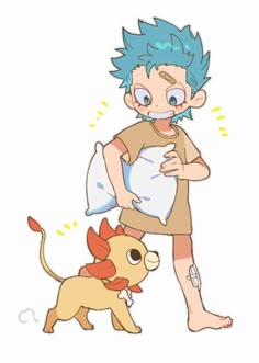 a boy with blue hair holding a pillow next to a dog