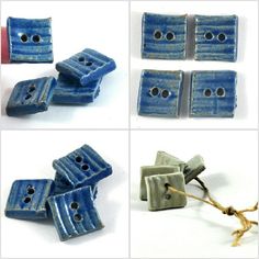 four pictures showing different parts of a blue ceramic object with holes in the middle and two strings attached to it