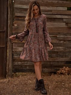 Ditsy Floral Flounce Sleeve Smock Dress | EMERY ROSE Beige Floral Dress Fall, Brown Pattern Fall Dress, Fall Dress With Boots Roolee, Affordable Floral Print Fall Dresses, Basic Fall Dresses, Floral Long Sleeve Dress Fall, Long Sleeve Ditsy Floral Dress, Trendy Fall Casual Dresses, Every Day Dresses Casual Winter