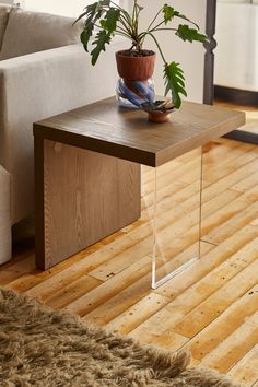 a living room with a couch, table and potted plant