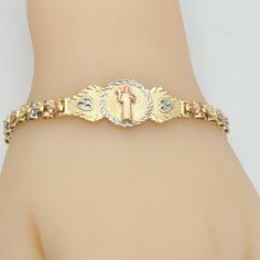 GOLD PLATED JEWELRY Saint Benedict Bracelet Tri-Color Gold Plated Pulsera de San Benito Chapa de Oro de 3 Colores. Size: 7.5 in + 2 in extension. U.S. Seller: Shipping with a tracking number. We seek to do the best in our work, if there is any problem please let us know to fix it ASAP. God bless you! Bracelet Mexican, St Benedict Bracelet, Bracelet Flower, Saint Benedict, Rosary Bracelet, Catholic Gifts, God Bless You, Tri Color, Gold Plated Jewelry