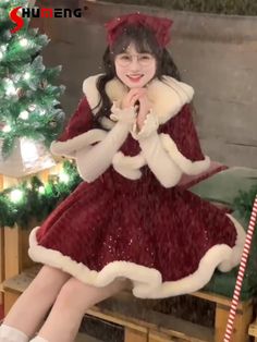 Christmas New Year Red Battle Robe Bow Cape Coats Long Sleeve Knitted Tops Dress Sets Feminine Sweet Christmas Dresses, Dress Sets, Japanese Dress, Knitted Tops, Cape Coat, Long Sleeve Knit Tops, Christmas Dress, Long Coat, Cute Fashion