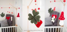 crocheted christmas decorations hanging from the ceiling in a baby's nursery room