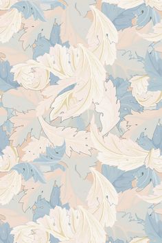 an abstract floral pattern with leaves and flowers in pastel colors on a light blue background